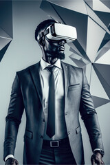 Another reality is here! Handsome young African man in VR headset standing against a grey background. Generative AI
