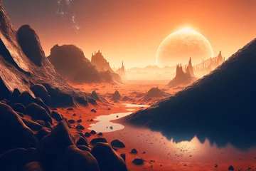 Printed kitchen splashbacks orange glow Mars landscape concept with a sun and mountains - Generative AI