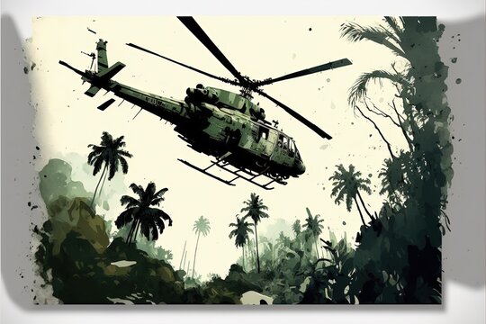 War helicopter flying over the vietnam jungle. Generative AI