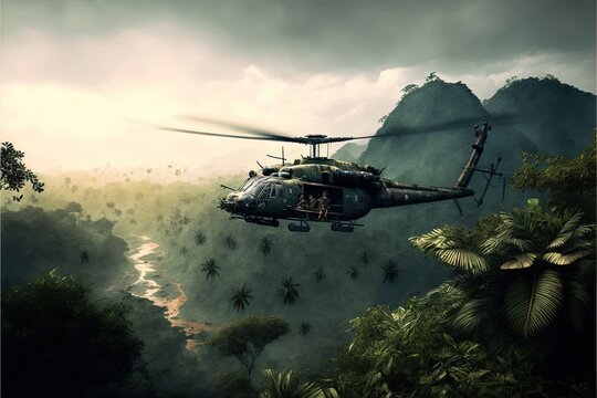 War helicopter flying over the vietnam jungle. Generative AI