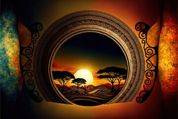 Illustration of African savannah in circle with beautiful patterns, Black History Month. Generative AI