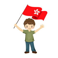 Boy with the flag of Hong Kong, a beautiful little child holds the flag of Hong Kong in his hand in flat style. vector illustration
