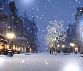  winter city people walk on street trees covered by snow in evening medieval old town  generated ai 
