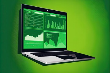 Chart illustration on laptop screen, green background. Generative AI