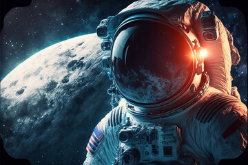 Astronauta con pianete sullo sfondo - obrazy, fototapety, plakaty