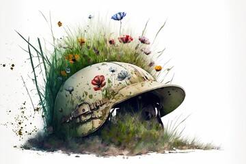 Obraz premium Deteriorated war pilot helmet painting with grass and flowers, digital illustration, white background. Generative AI
