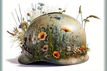 Naklejka premium Painting of deteriorated war helmet with grass and flowers, digital illustration, white background. Generative AI