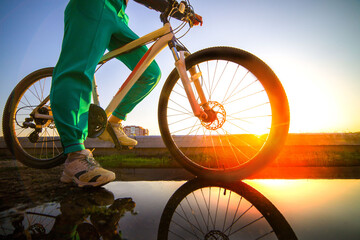 Girl on a mountain bike in the rays of the summer setting sun