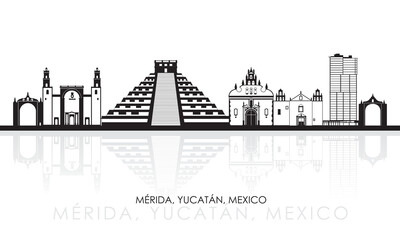 Silhouette Skyline panorama of city of Merida, Yucatan, Mexico - vector illustration - obrazy, fototapety, plakaty