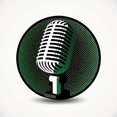 Black microphone icon in green circle, podcast logo, white background. Generative AI