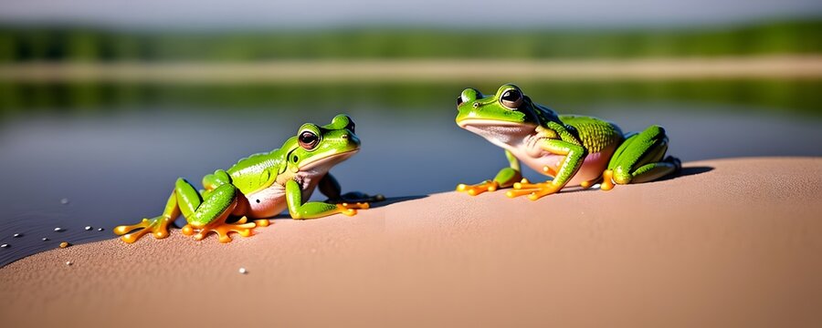 Small frogs sitting near a lake