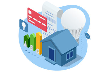 Isometric invoice, payment for electricity. Utility bills and saving resources concept. Electricity consumption expenses. People paying utility, and electricity bills online. Household utilities