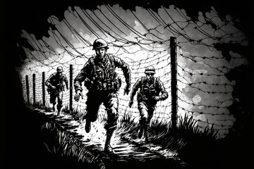 Black and white illustration of soldiers running across the battlefield. Generative AI