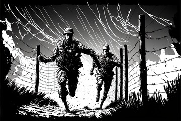 Black and white illustration of soldiers running across the battlefield. Generative AI