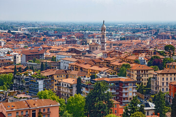 Fototapeta premium Aerial view of the old town Bergamo in northern Italy. Bergamo is a city in the alpine Lombardy region.