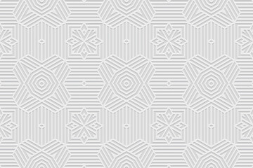 Embossed white background, ethnic cover design. Geometric 3D pattern, press paper. Boho style, art deco, modern. Tribal artistic textures of the peoples of the East, Asia, India, Mexico, Aztecs, Peru.