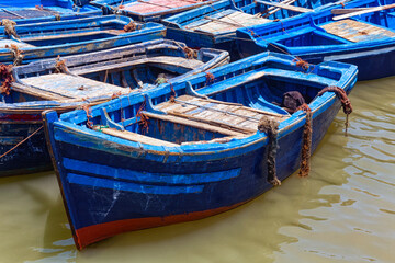 Famous fishing wooden blue boats of the Essaouira. Morocco.