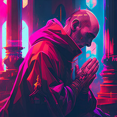 Monk to pray in church. Vintage-style image, purple tone.. - obrazy, fototapety, plakaty