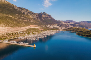 Aerial wide overview of yacht marina in Antalia province, Turkey