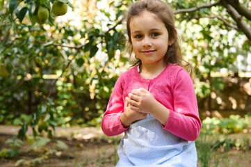 Adorable little child smiles looking at camera, holding a fresh ripe pear in her hands, in orchard
