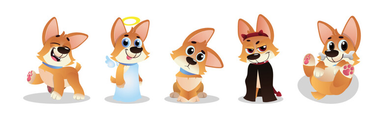 Cute Cartoon Puppy with Big Ears Showing Different Mood and Emotion Vector Set