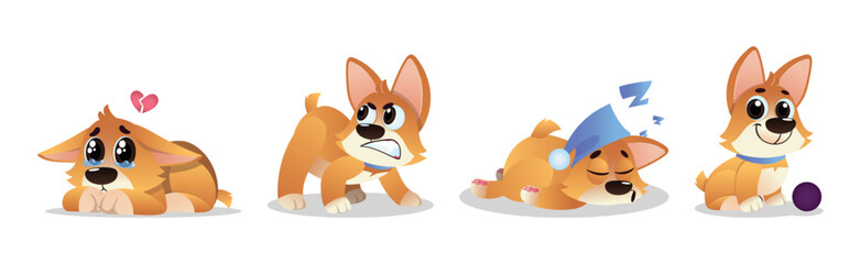 Fototapeta premium Cute Cartoon Puppy with Big Ears Showing Different Mood and Emotion Vector Set