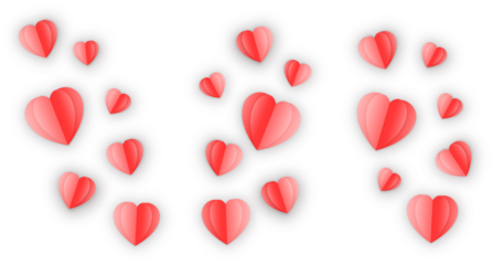 Background with red petaled hearts with realistic shadow on transparent background. Background for Valentine's Day. Vector banner, postcard, background. The 14th of February. PNG image
