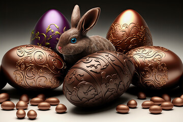 ai generated illustration of chocolate eggs and a brown cute easter bunny