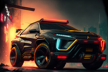 Naklejka premium futuristic sport suv from cyberpunk world made by generative ai