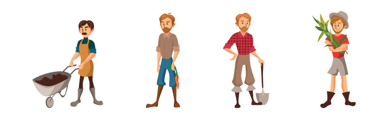 Man Farmers Standing with Shovel, Wheelbarrow and Crops Vector Set
