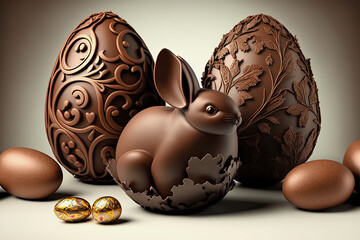 ai generated midjourney illustration of chocolate eggs and a brown  easter bunny