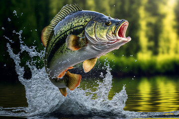 bass fish jumping out of river water made by generative ai - obrazy, fototapety, plakaty