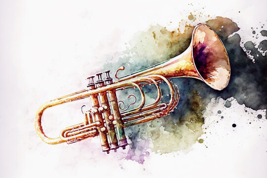 close-up of a trumpet in aquarelle style, ai generated