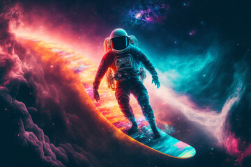 Obraz na płótnie Canvas astronaut surfing the nebula in a futuristic suit made by generative ai