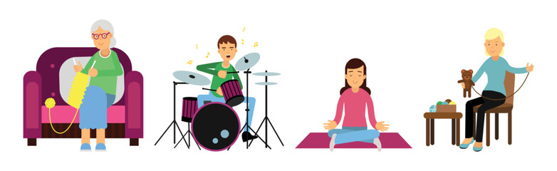 Young Man and Woman Engaged in Hobby and Leisure Activity Vector Set