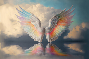 angel wings with rainbow in the sky. Generative AI