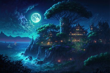 An elven city on a heavily forested peninsula at night.
