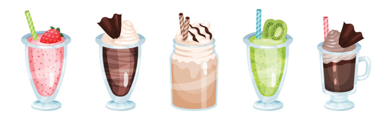 Desserts Served in Glass with Chocolate and Whipped Cream Vector Set