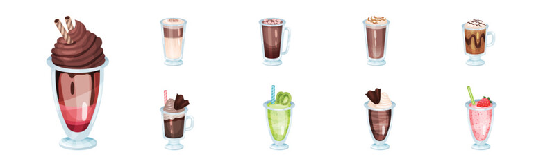 Desserts Served in Glass with Chocolate and Whipped Cream Vector Set