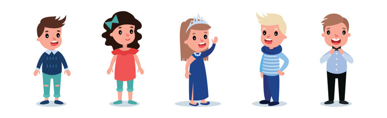 Little Boy and Girl Characters Dressed in Fashionable Garment Vector Set