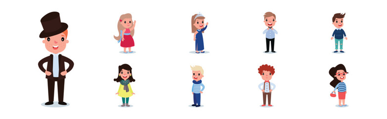 Little Boy and Girl Characters Dressed in Fashionable Garment Vector Set