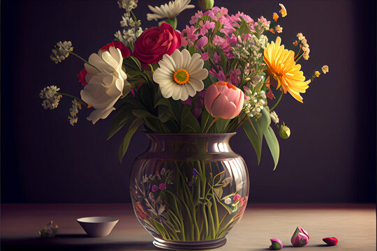 bouquet of flowers in glass vase on table, generative AI.