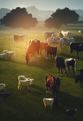 A lush green field, with happy animals peacefully grazing. Cows munching calmly in the tall grass, horses running free and chickens flapping their wings. The setting is one of tranquility and harmony 