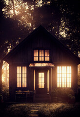 A warm and cozy chalet lit only by internal lights, creating a peaceful and comfortable environment. The soft glow of the lights creates a cozy and intimate atmosphere, with soft shadows and reflectio