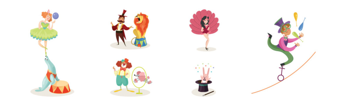 Circus Artists with Clown, Acrobat, Tamer and Animals Vector Set