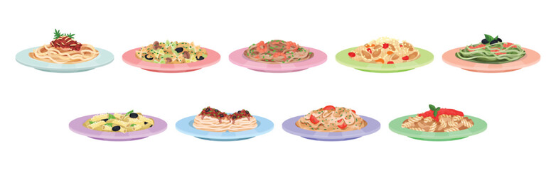 Different Pasta Served on Plate with Garnish Vector Set