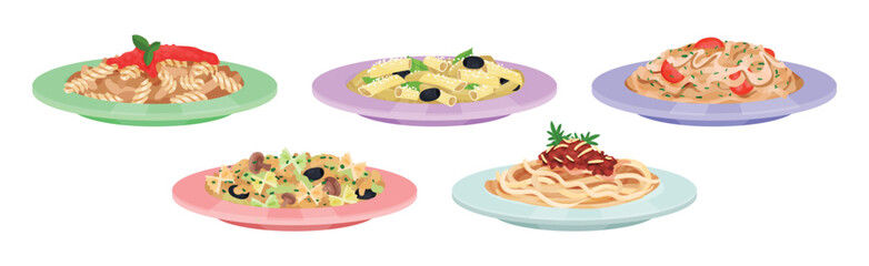 Different Pasta Served on Plate with Garnish Vector Set