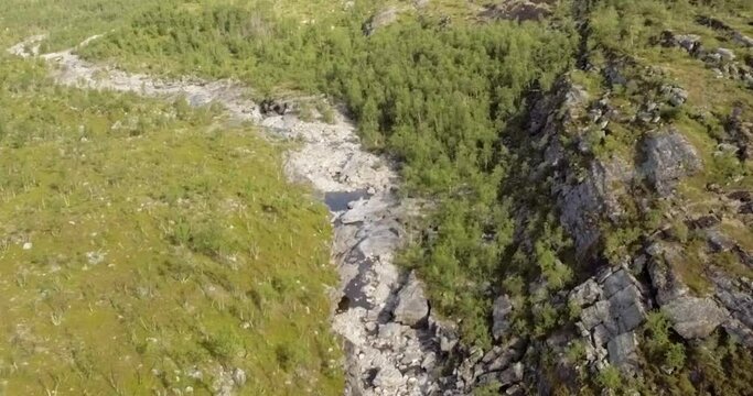 Aerial view of Galggojohka river on the E8 Nordlysveien road in summer when it&acute;s dried up, Storfjord, Troms og Finnmark, Norway. 