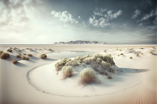 panoramic wide angle pebbled bay grass dunes islands in the distance peaceful white maram grass sand dusty muted colours surreal light mysterious magical hyper realistic 
