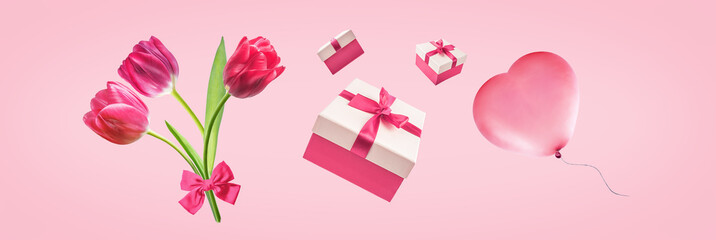 Valentine's day pink or red holiday background with balloon. gift box and flowers